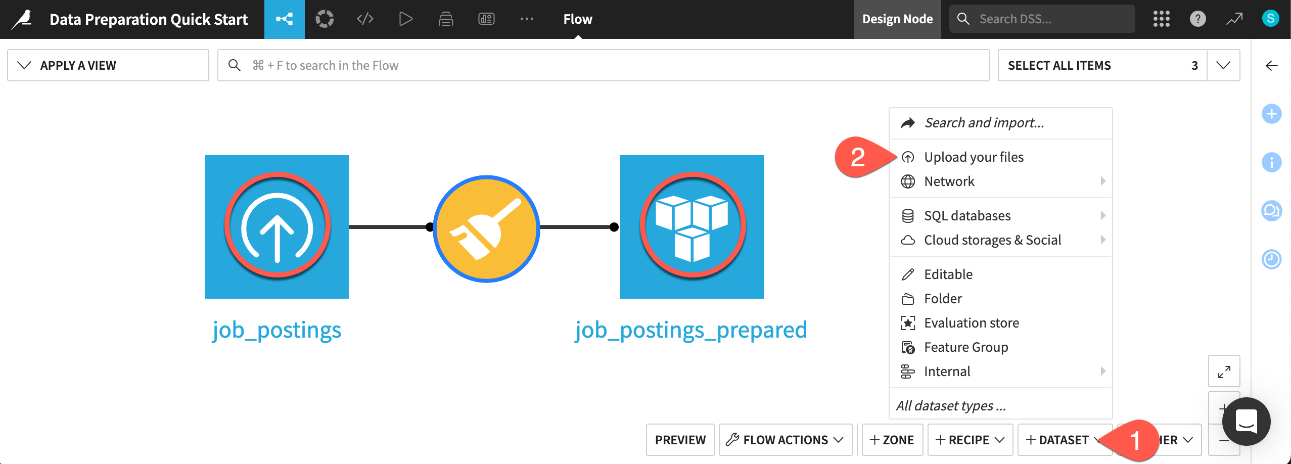 Dataiku screenshot of the Flow highlighting data connections.