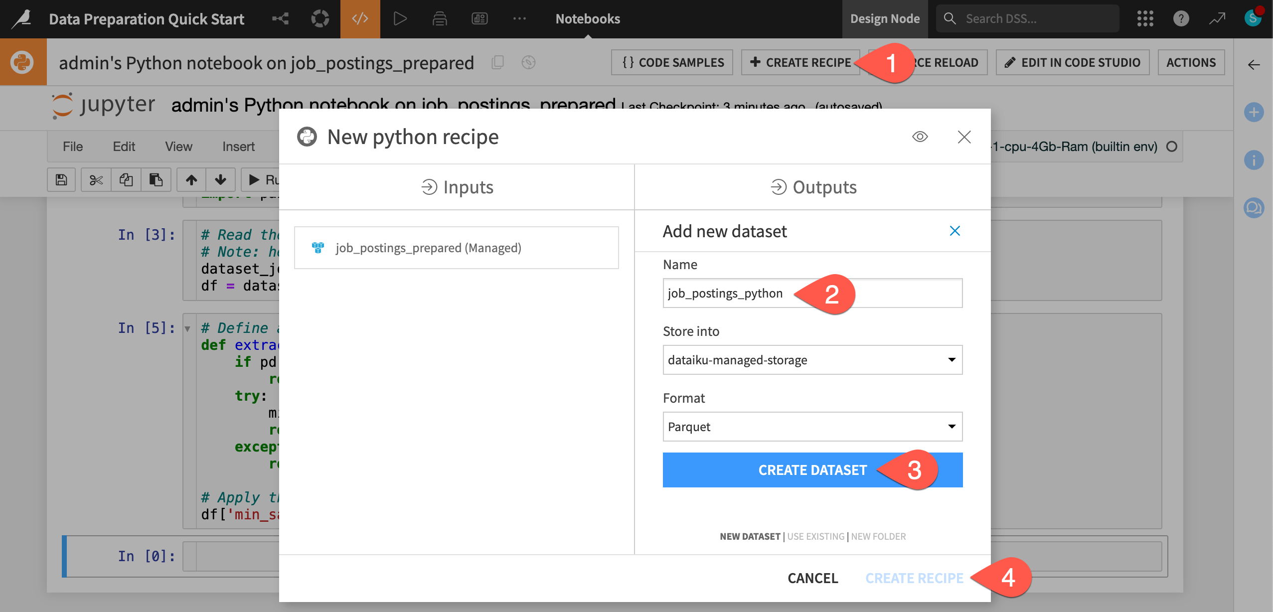 Dataiku screenshot highlighting code recipe creation in a notebook.