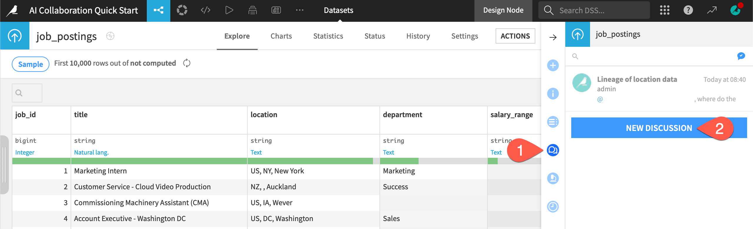 Dataiku screenshot of the discussions tab of an item.