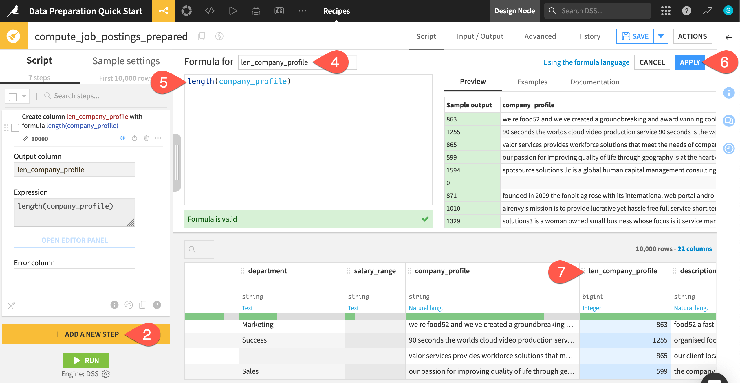 Dataiku screenshot of the Formula step in a Prepare recipe.