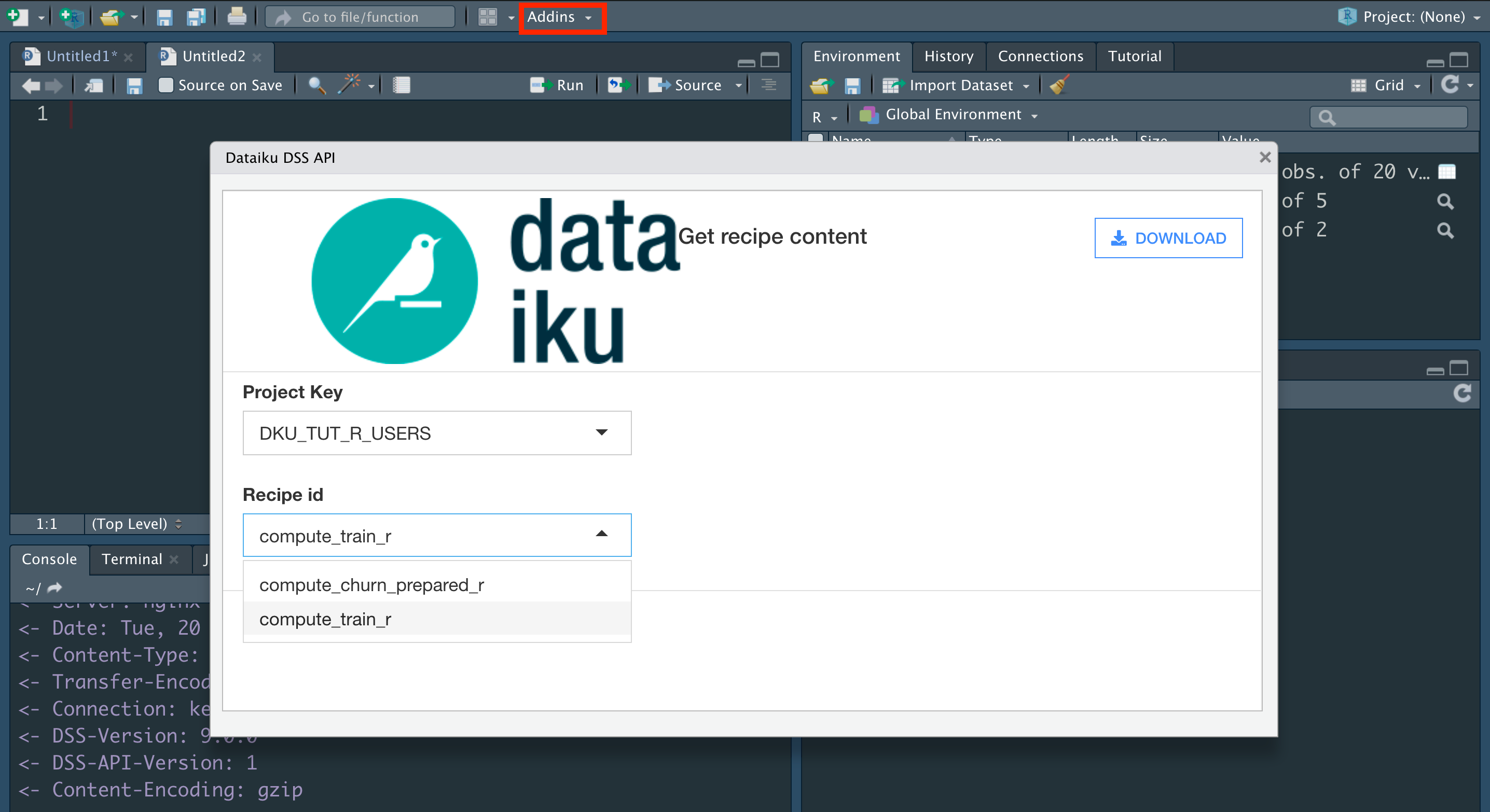 Dialog window from RStudio Addin asking user which recipe from which project key to download.