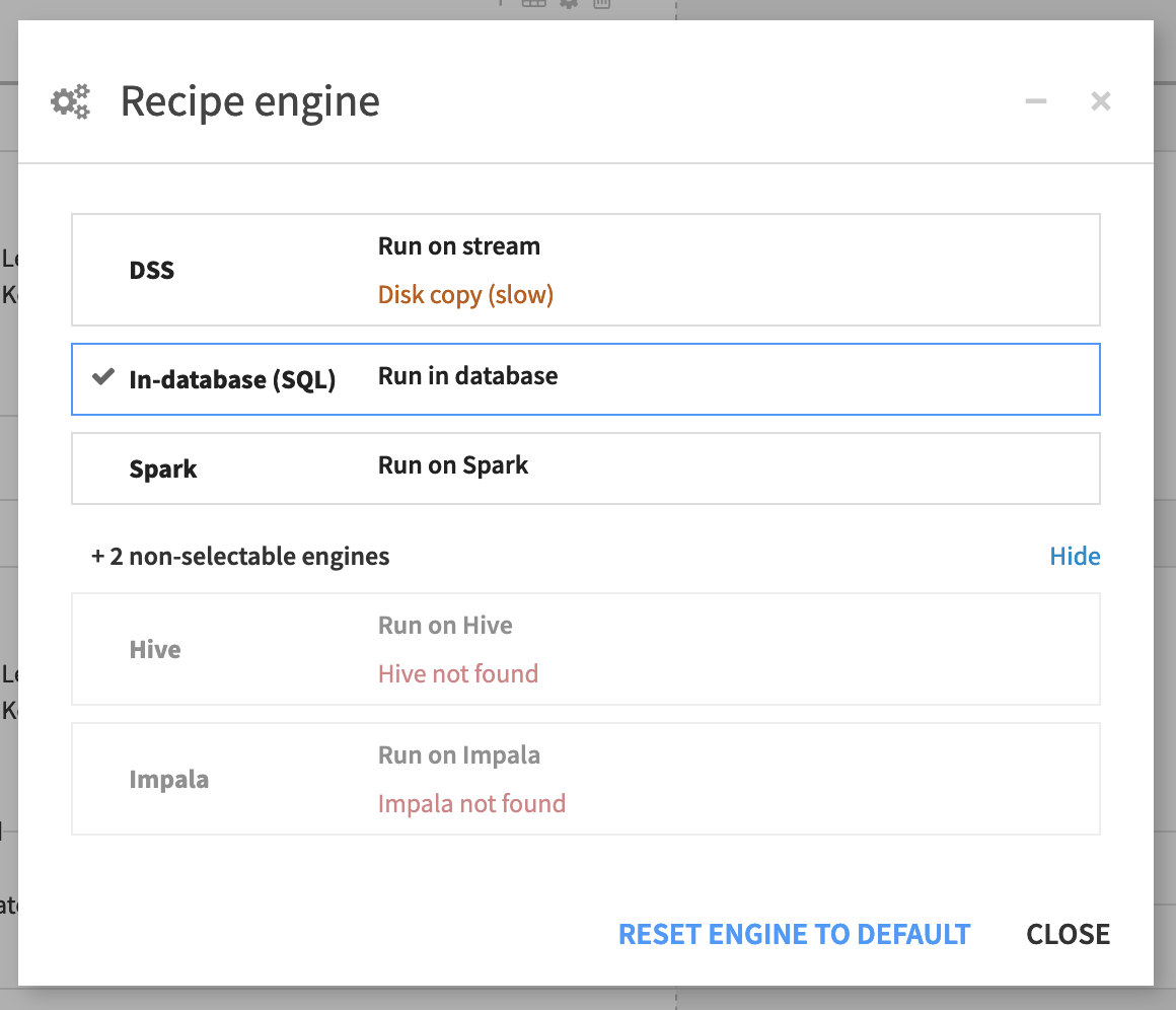 Dataiku screenshot of the recipe engine dialog.