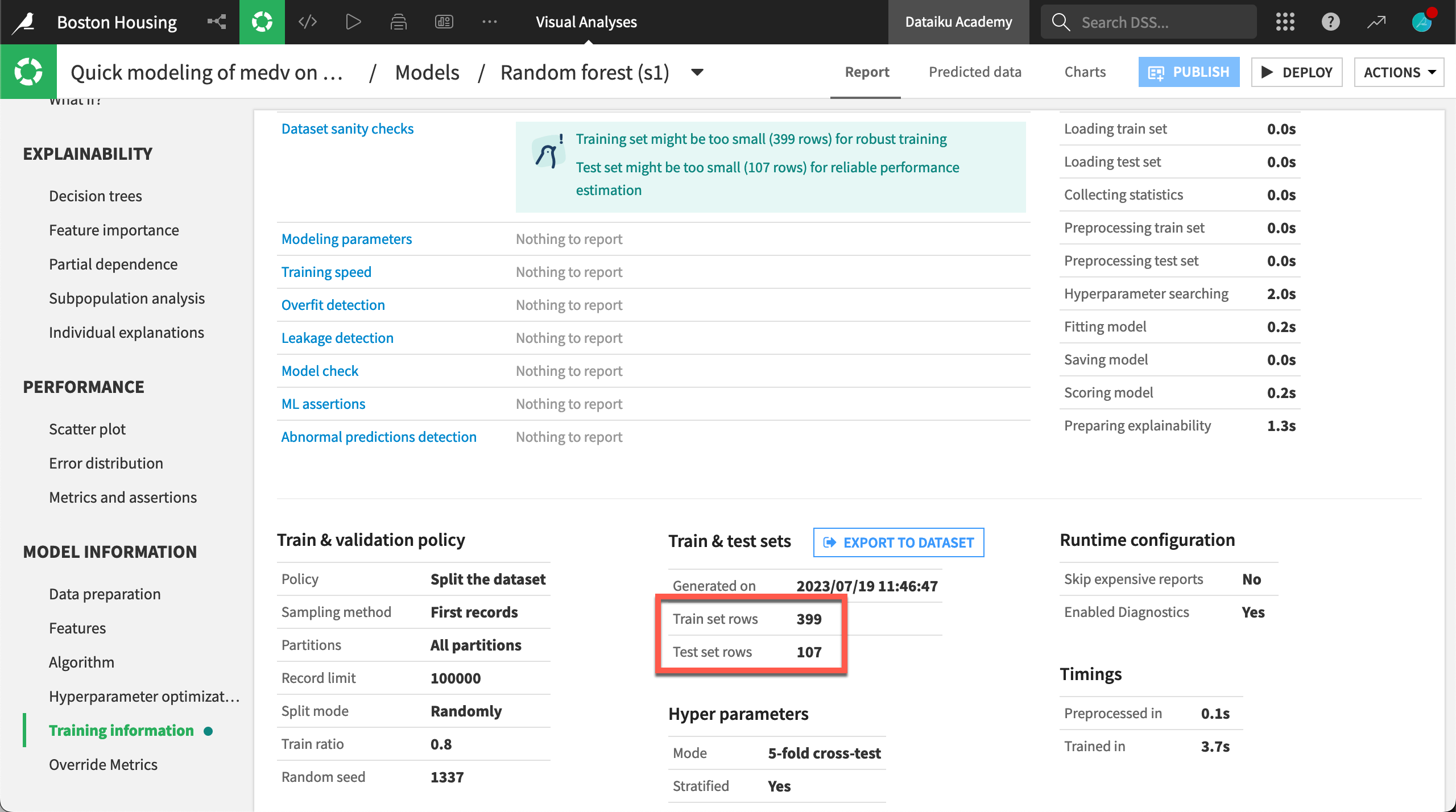 Dataiku screenshot of training information for a random forest model.