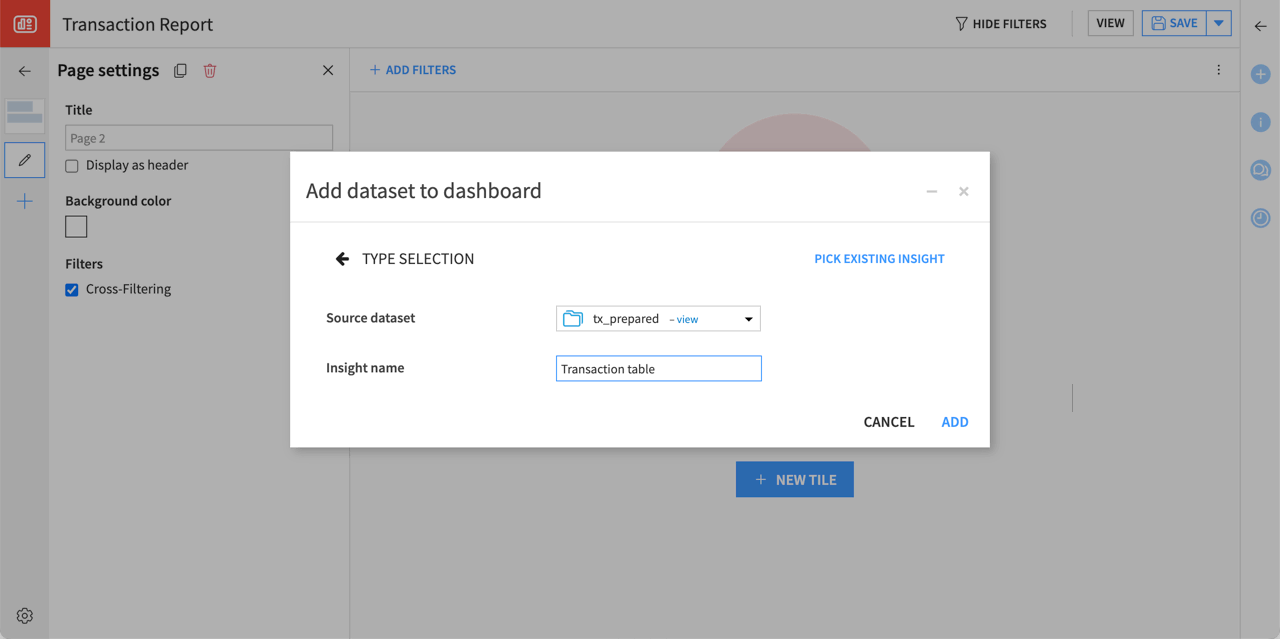 Dataiku screenshot of the dialog for adding a new dataset tile to a dashboard.