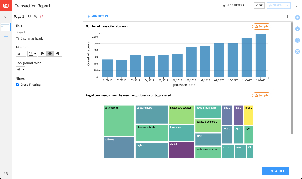 Dataiku screenshot of a dashboard in progress.