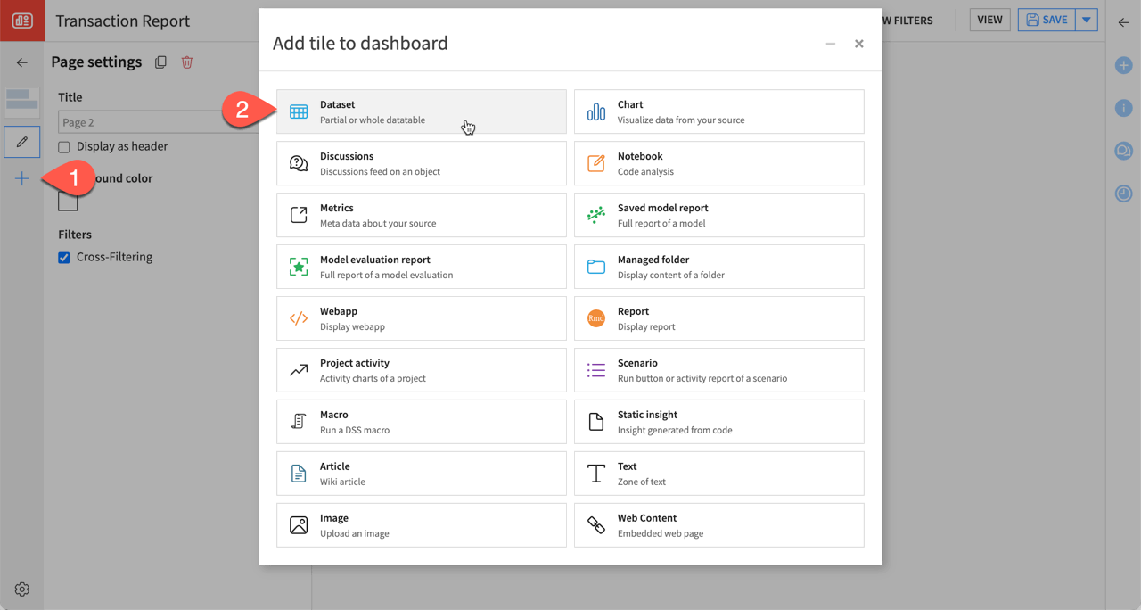 Dataiku screenshot of the dialog for adding a new tile to a dashboard.