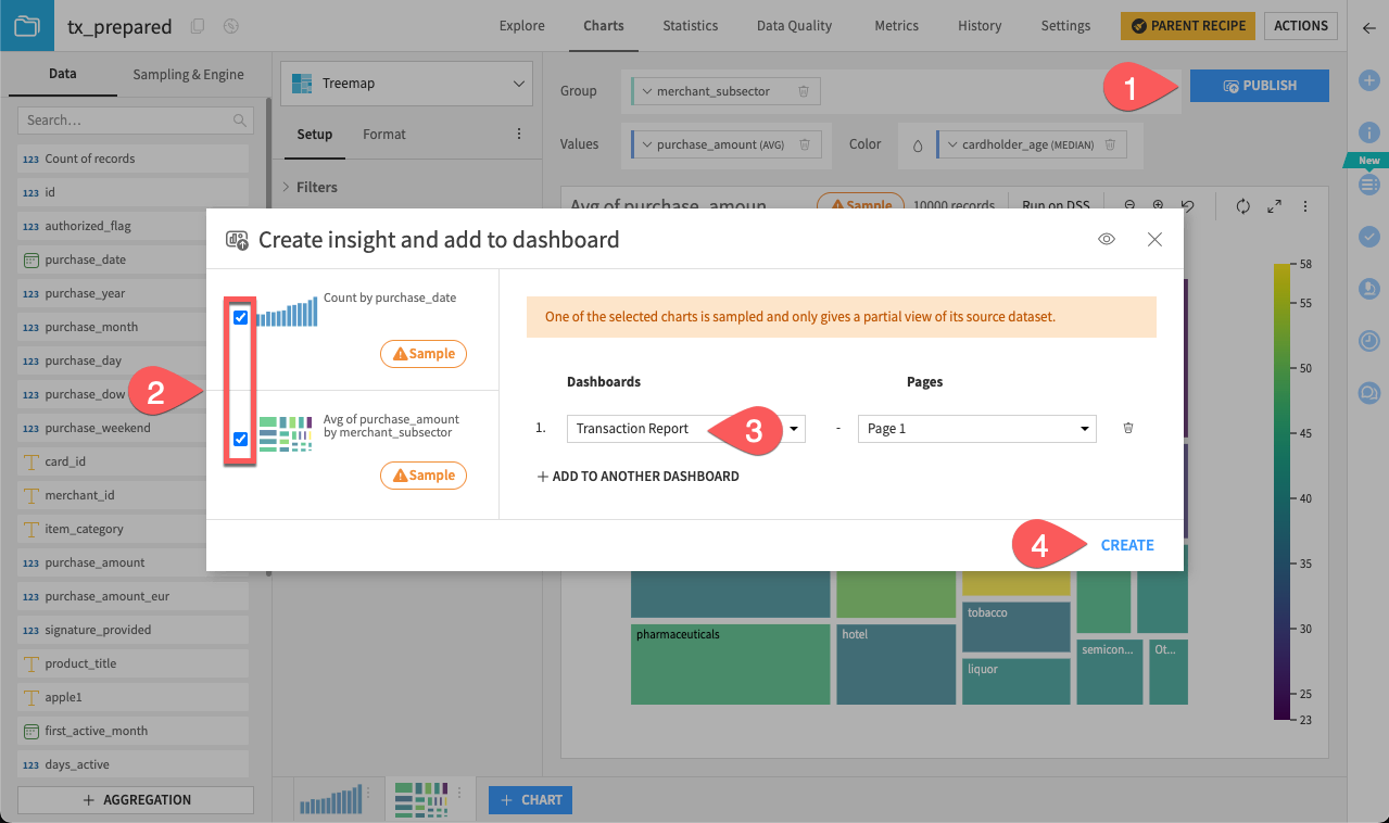 Dataiku screenshot of the dialog for adding insights to a dashboard.