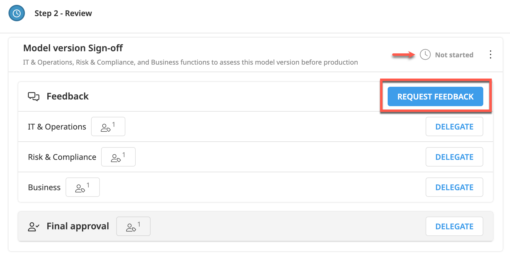 Dataiku screenshot of the request feedback section of a model version sign-off.