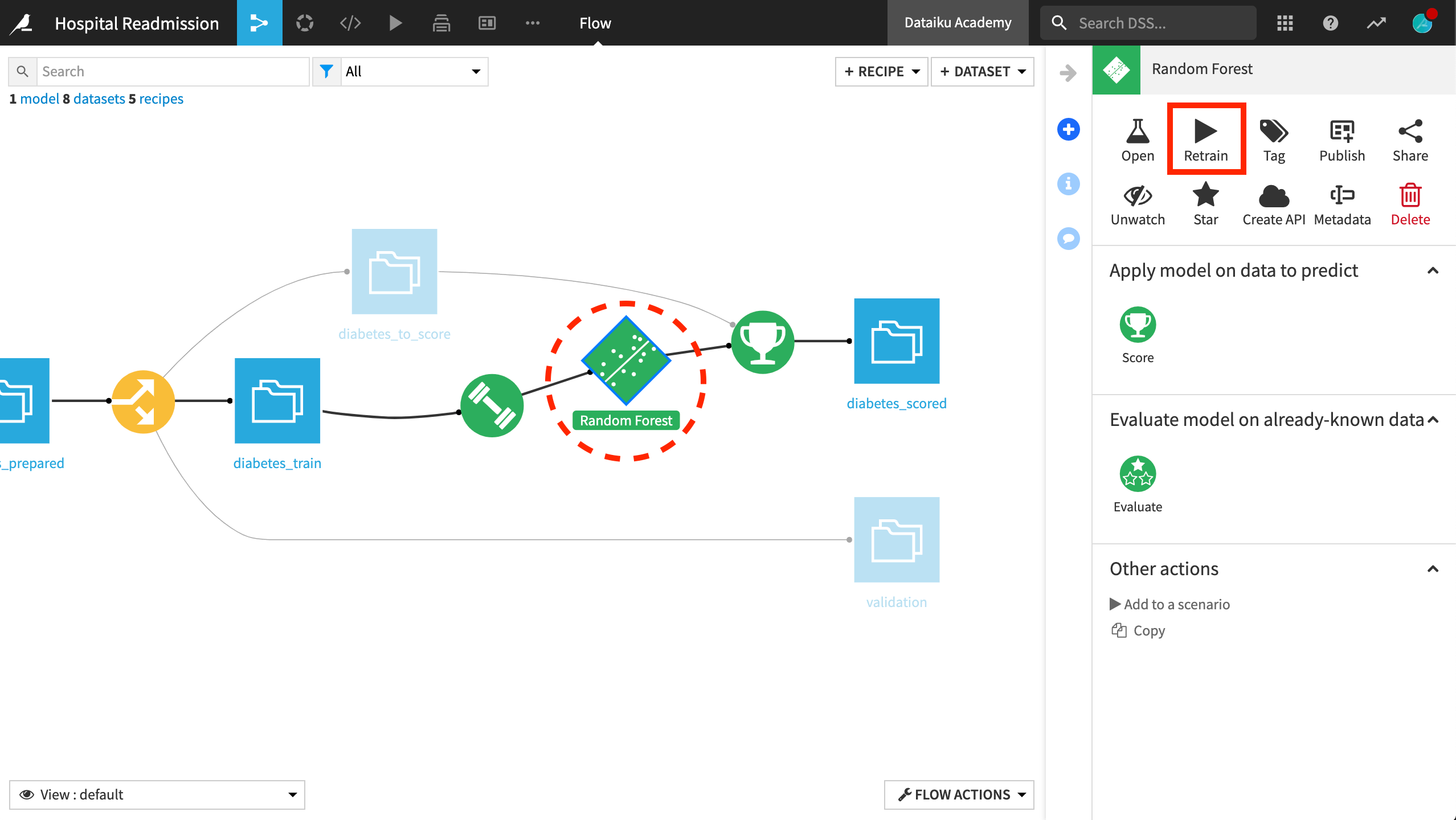 Flow with Model object selected and Retrain highlighted.