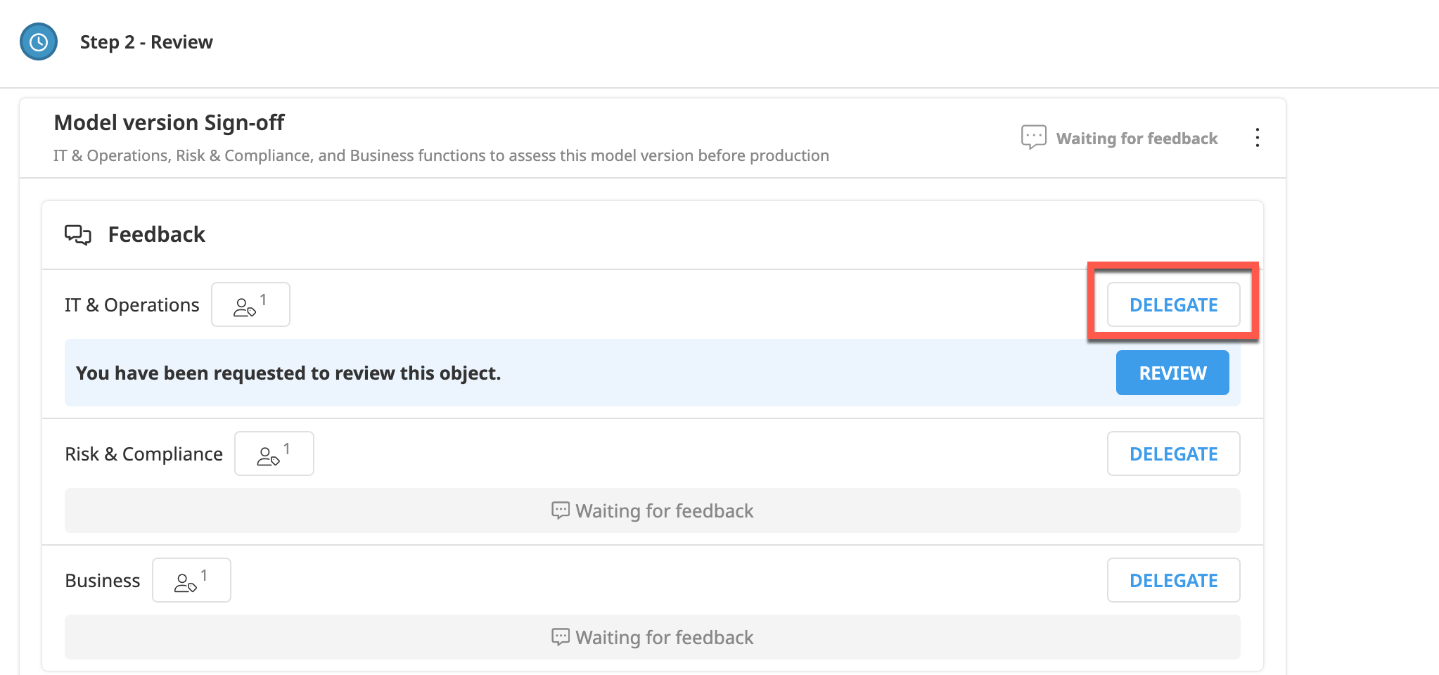 Dataiku Govern screenshot highlighting the review and delegate buttons in the review step of the workflow.