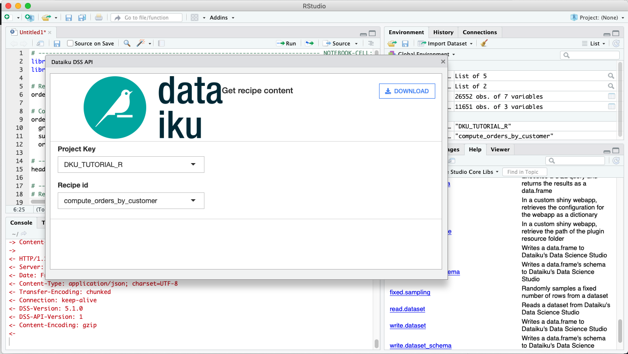 Get recipe content dialog from the Dataiku add-in for RStudio.