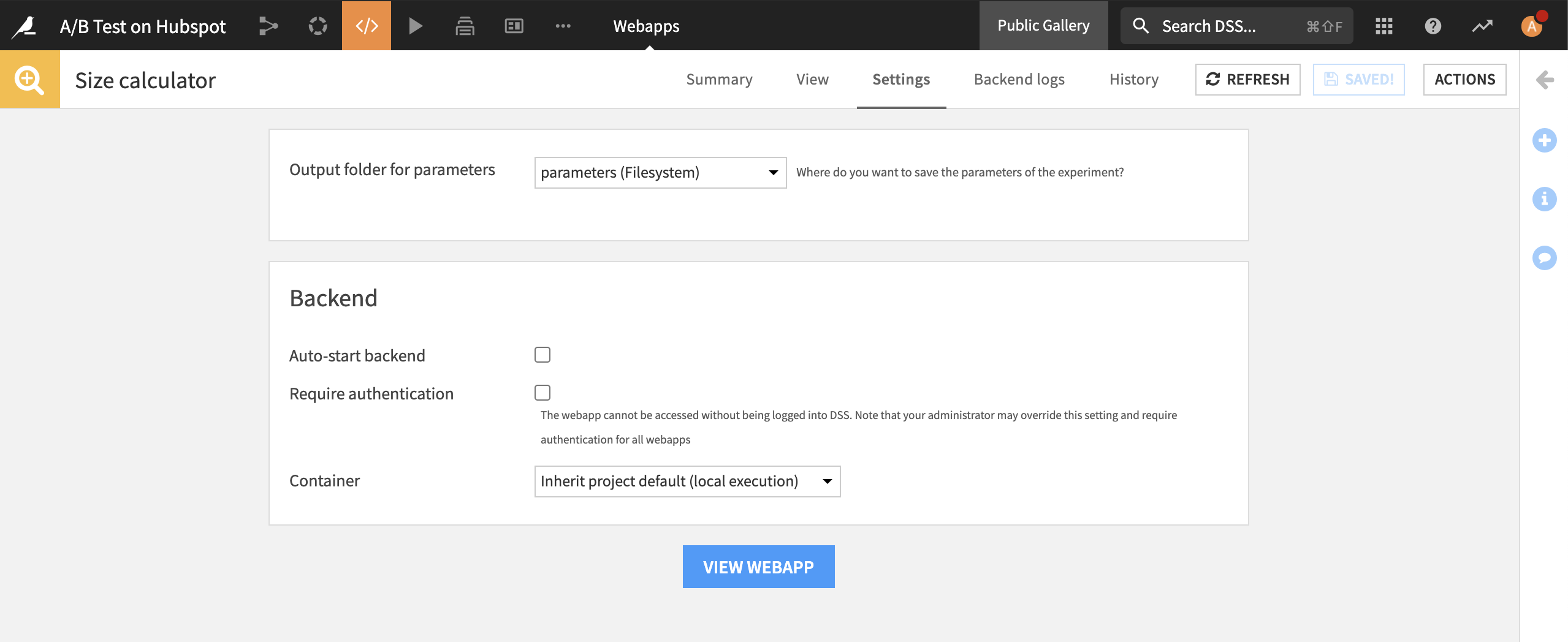 Settings tab of the AB test sample size calculator webapp.