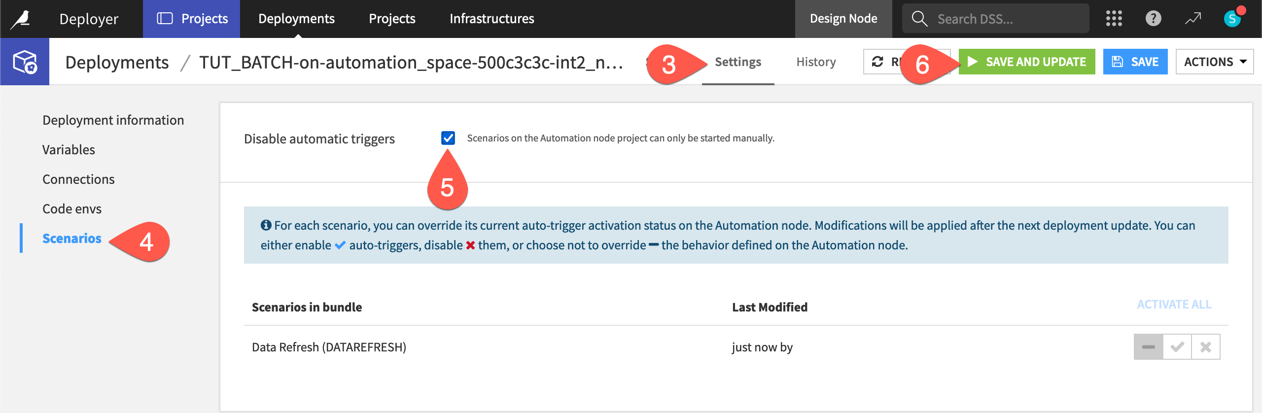 Dataiku screenshot of the scenarios panel of a project deployment.
