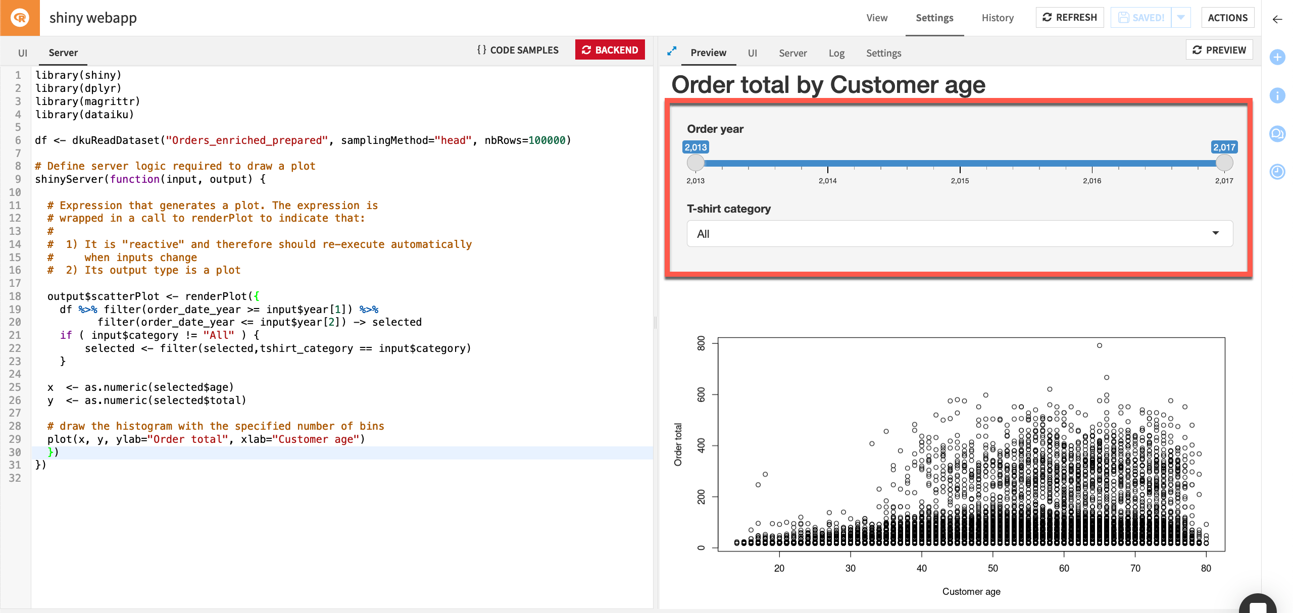 Dataiku screenshot of a Shiny webapp with interactive widgets.