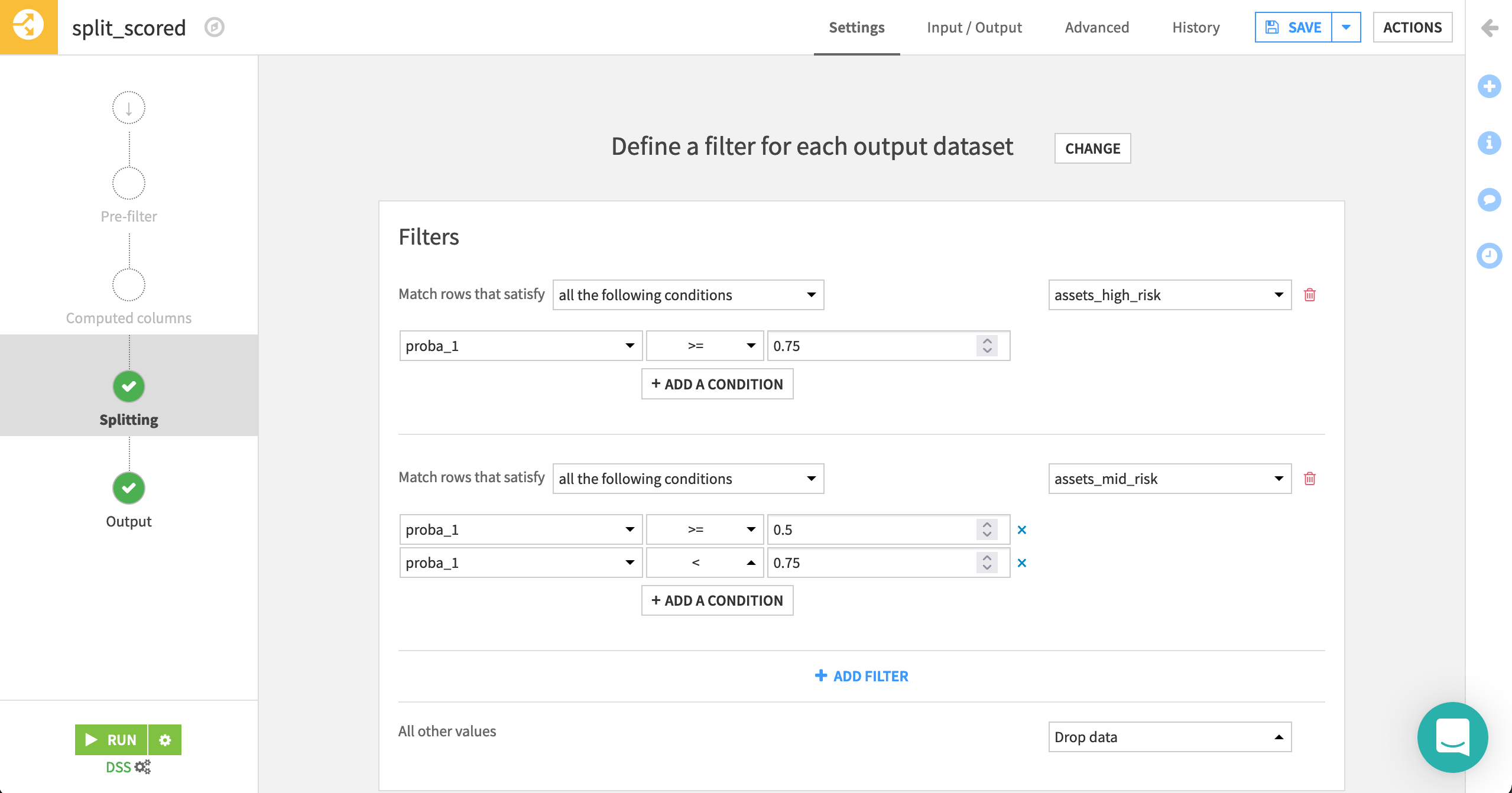 Define filters in the Split recipe.