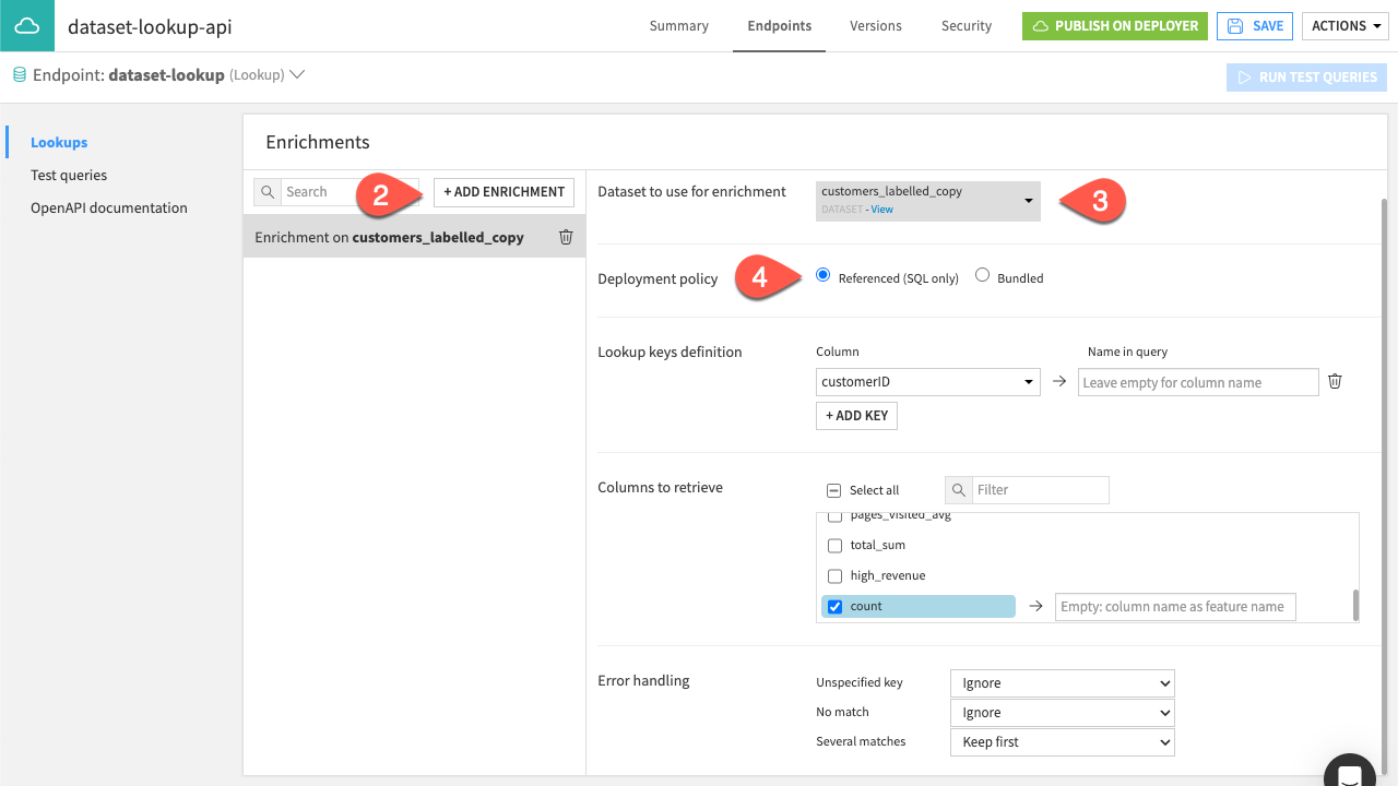 Dataiku screenshot of a dataset lookup API endpoint.