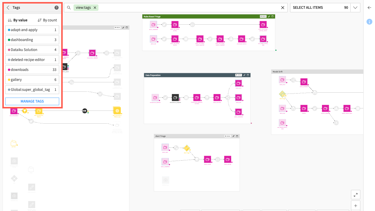 Dataiku screenshot of the Flow displaying the tag options.