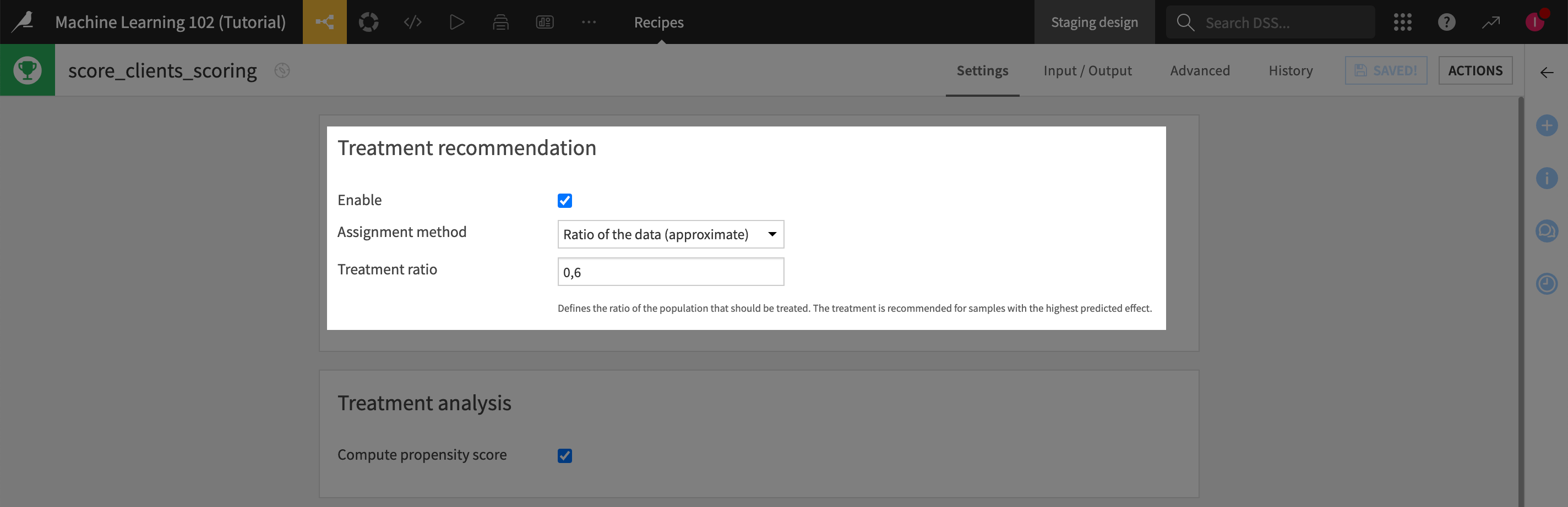 Treatment recommendation configuration in the Score recipe.