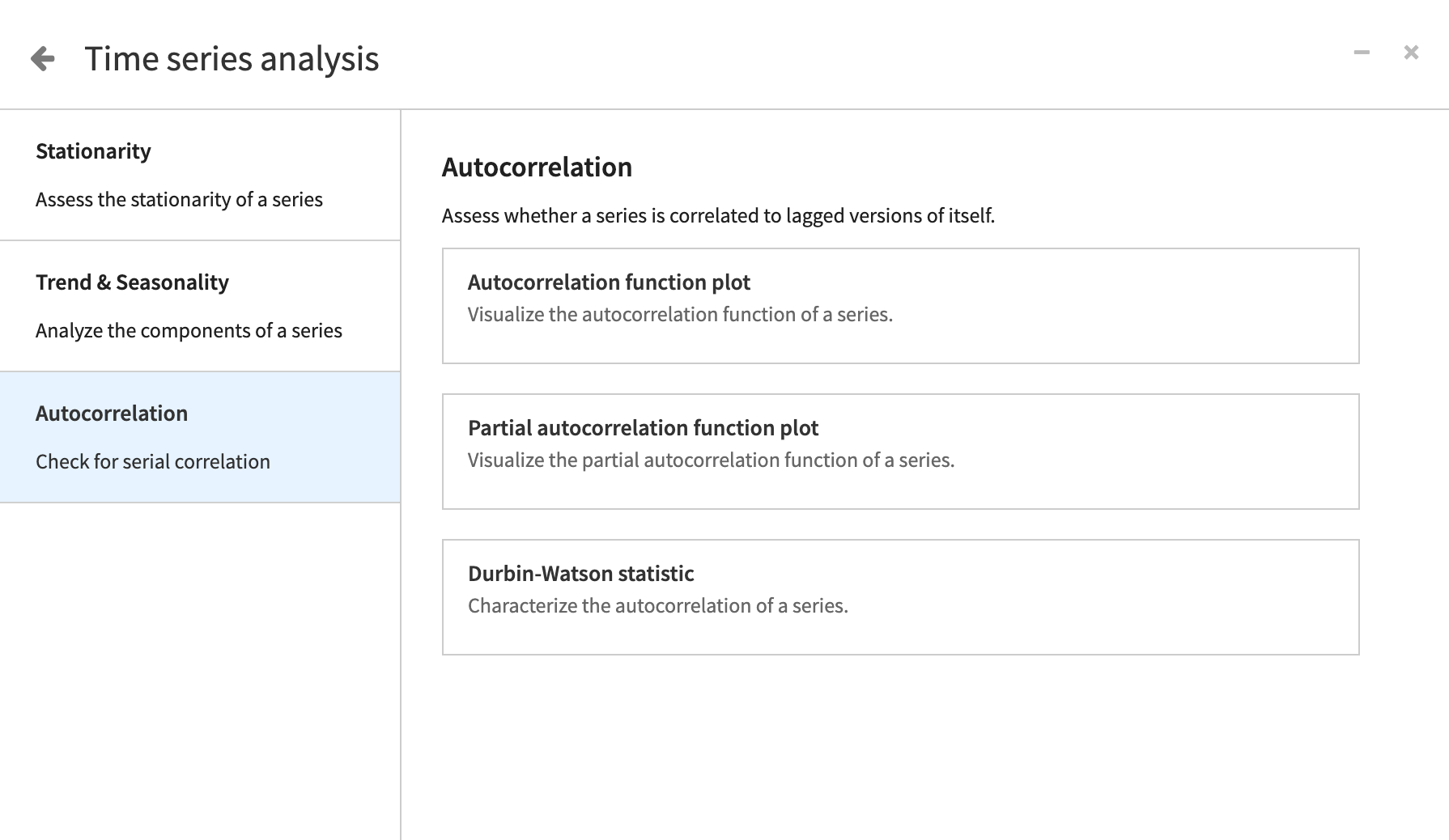Dataiku screenshot of autocorrelation statistical tests.