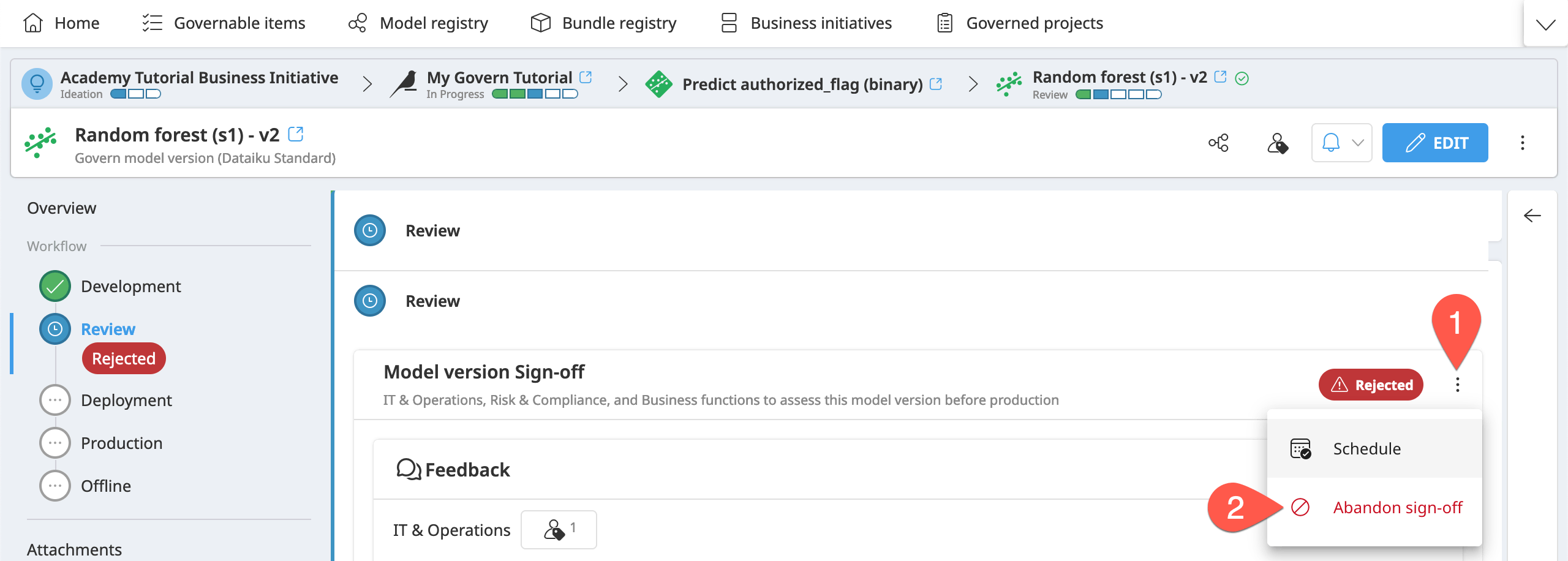 A screenshot of the Abandon button in Dataiku Govern.