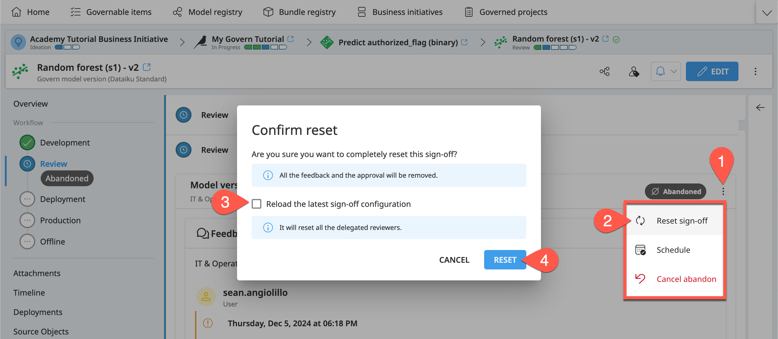 A screenshot of the Reset sign-off button in Dataiku Govern.