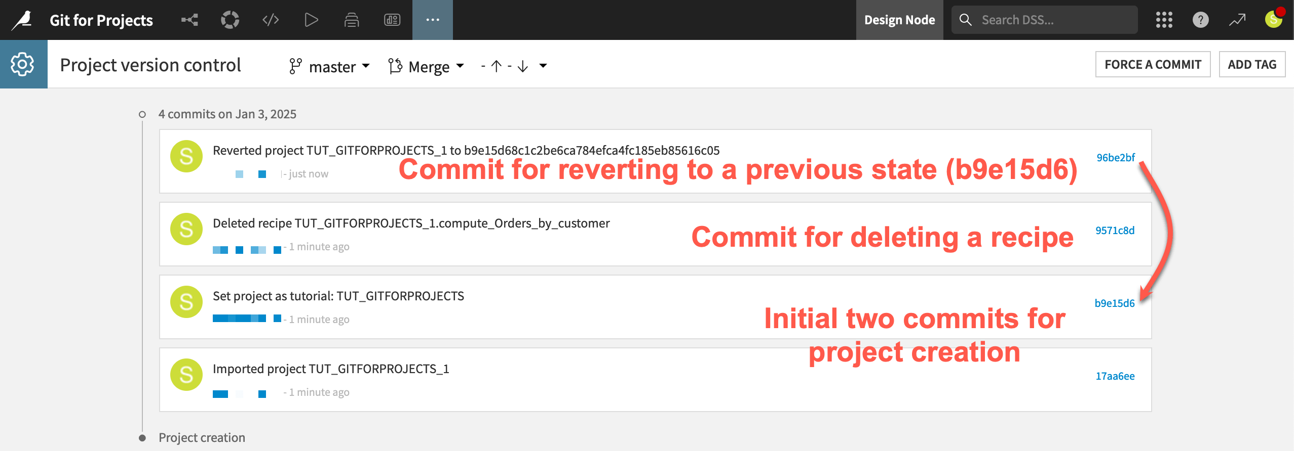 Dataiku screenshot of a project's version control Git history.