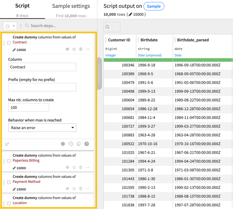 A Dataiku screenshot showing the Unfold steps in a Prepare recipe.