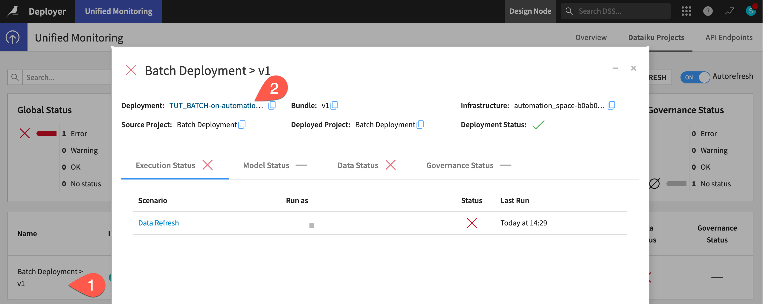 Dataiku screenshot of a deployment on the unified monitoring page.