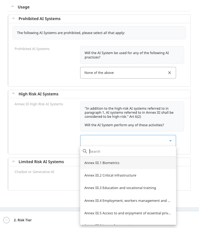 Dataiku screenshot focused on assessing risk tier based on usage.