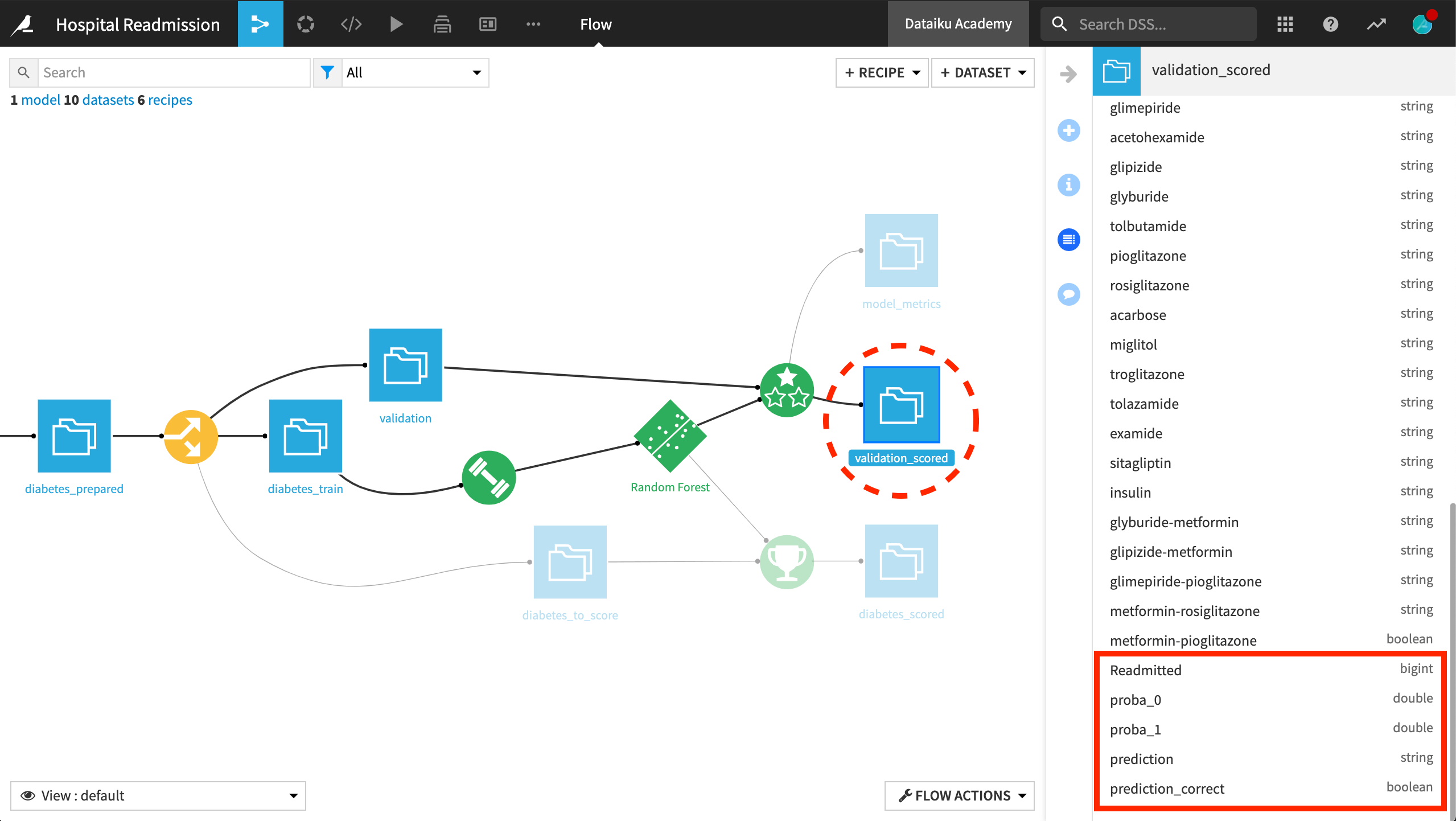 Flow with the schema of a scored validation dataset.