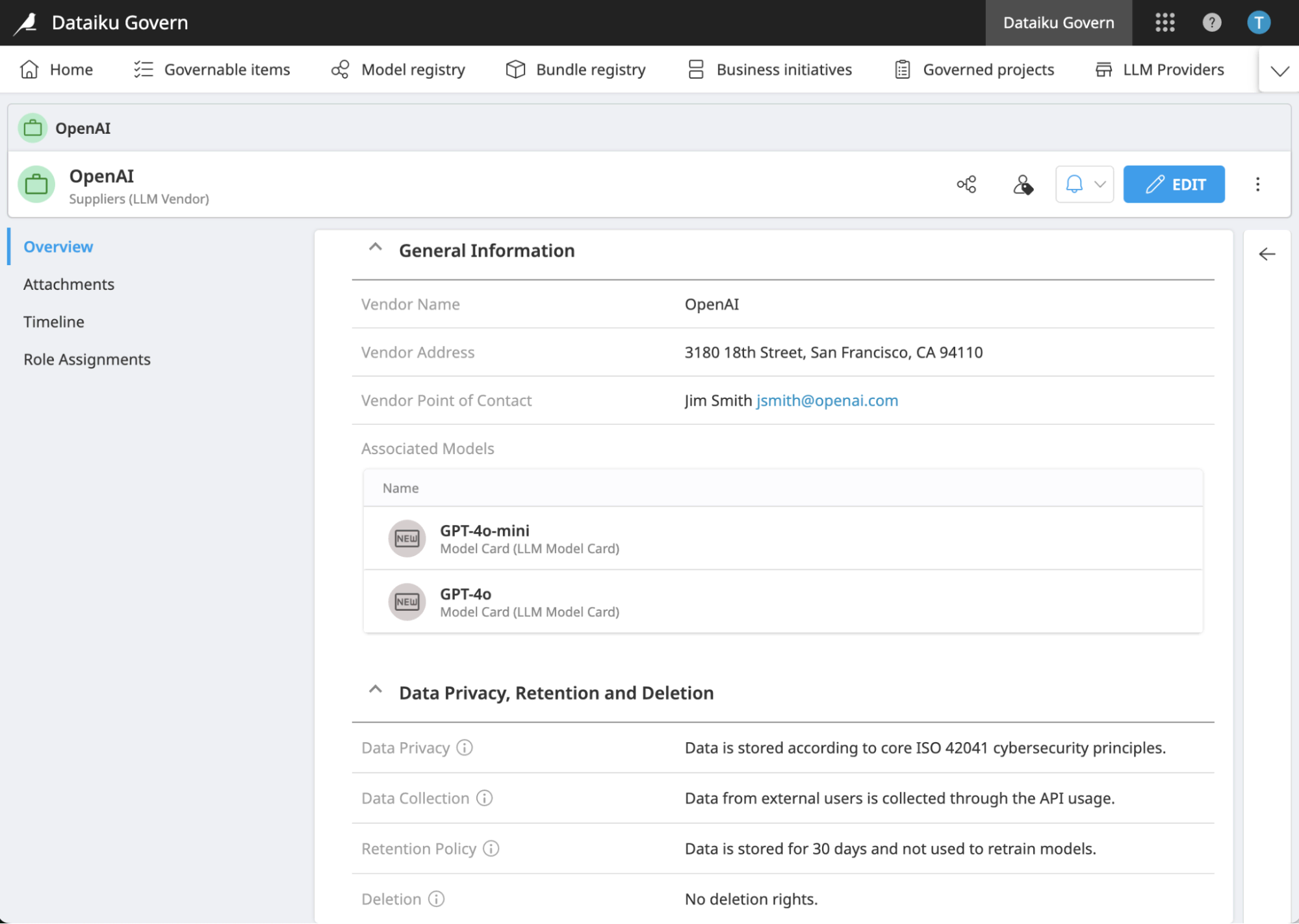 Dataiku screenshot of created vendor profile artifact for LLM providers.