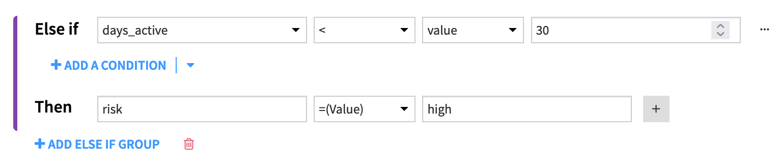 Dataiku screenshot of an else if statement in a Prepare recipe.