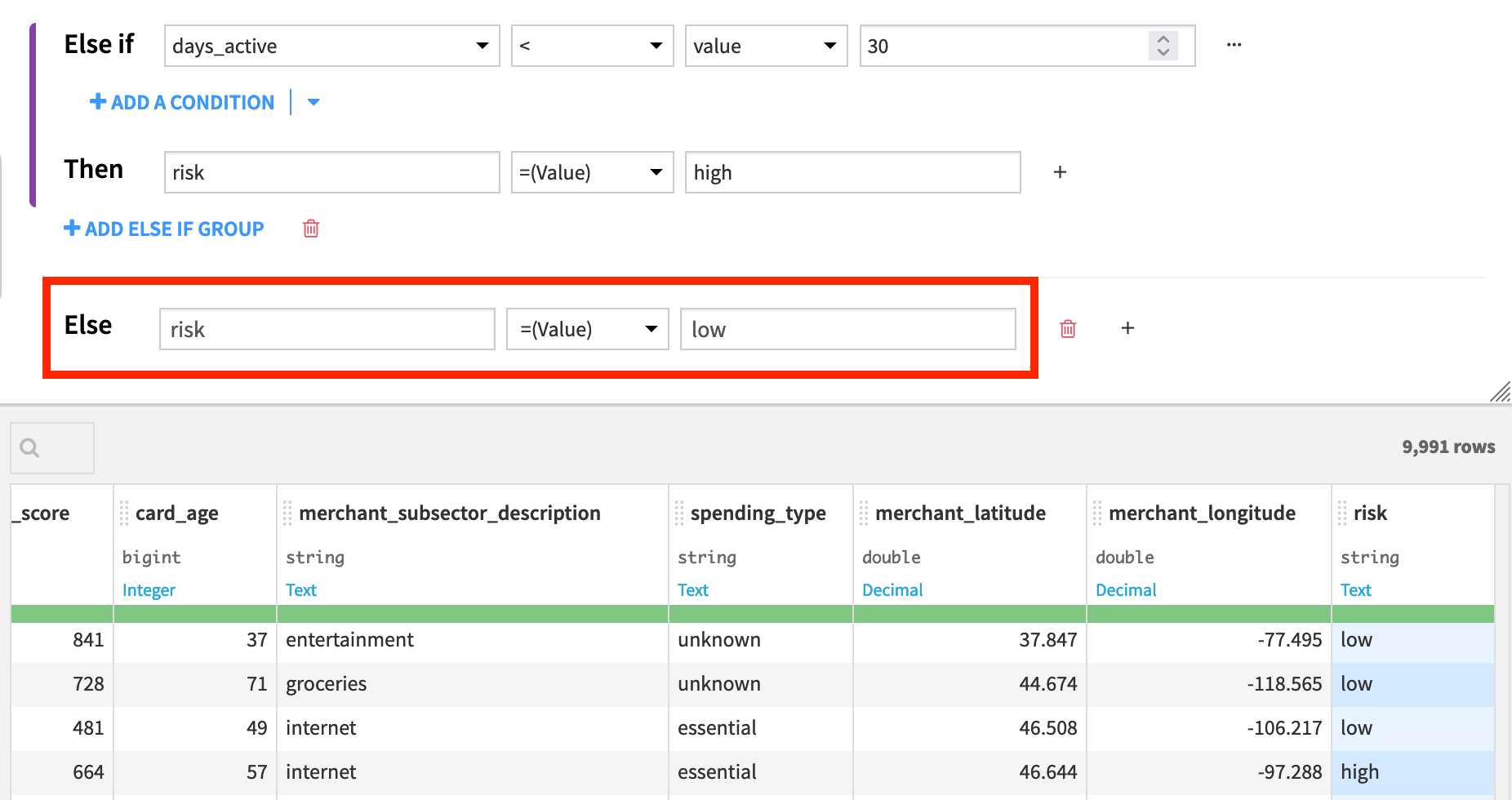 Dataiku screenshot of an else statement in a Prepare recipe.