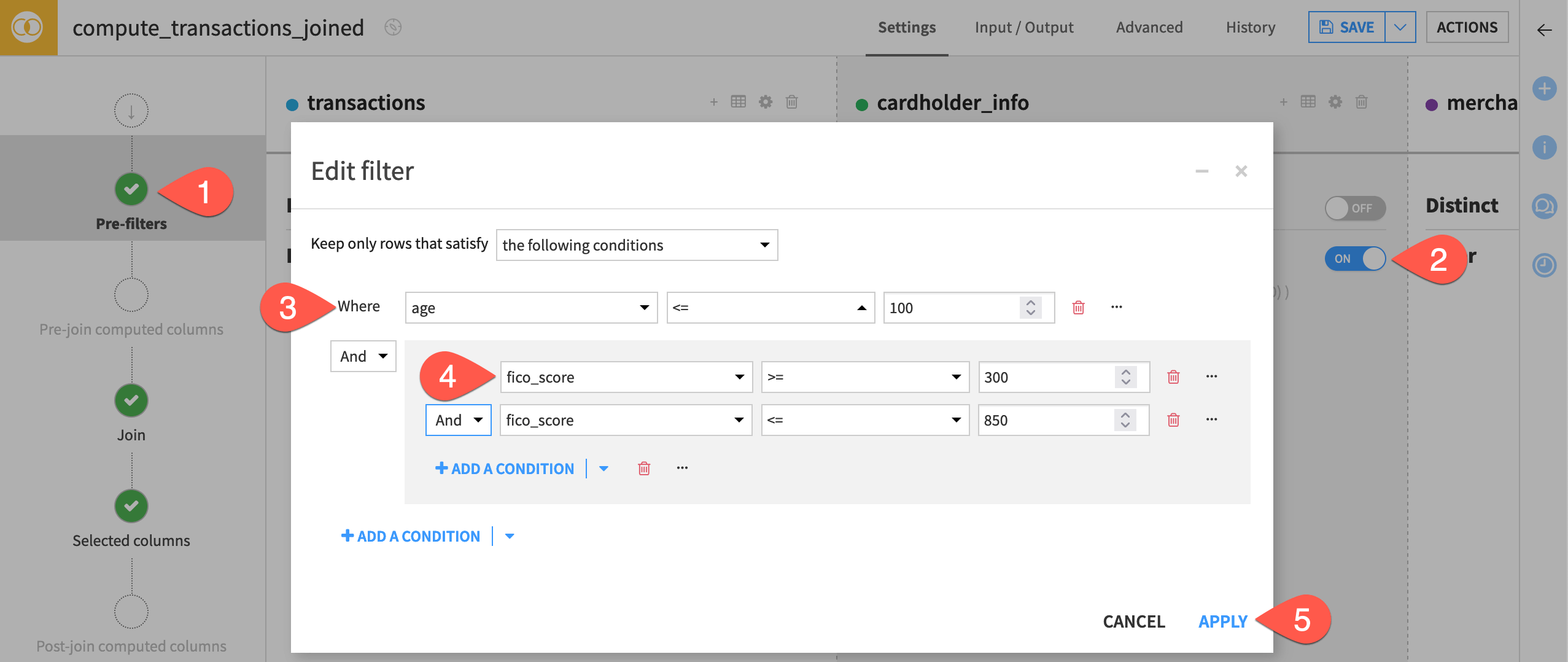 Dataiku screenshot of a pre-filter step in a Join recipe using multiple filter conditions.