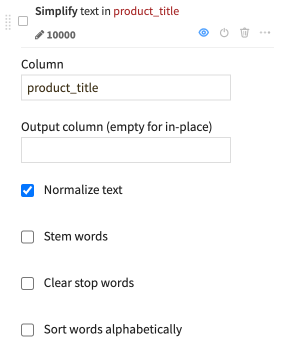 Dataiku screenshot of the Simplify text step in a visual analysis.