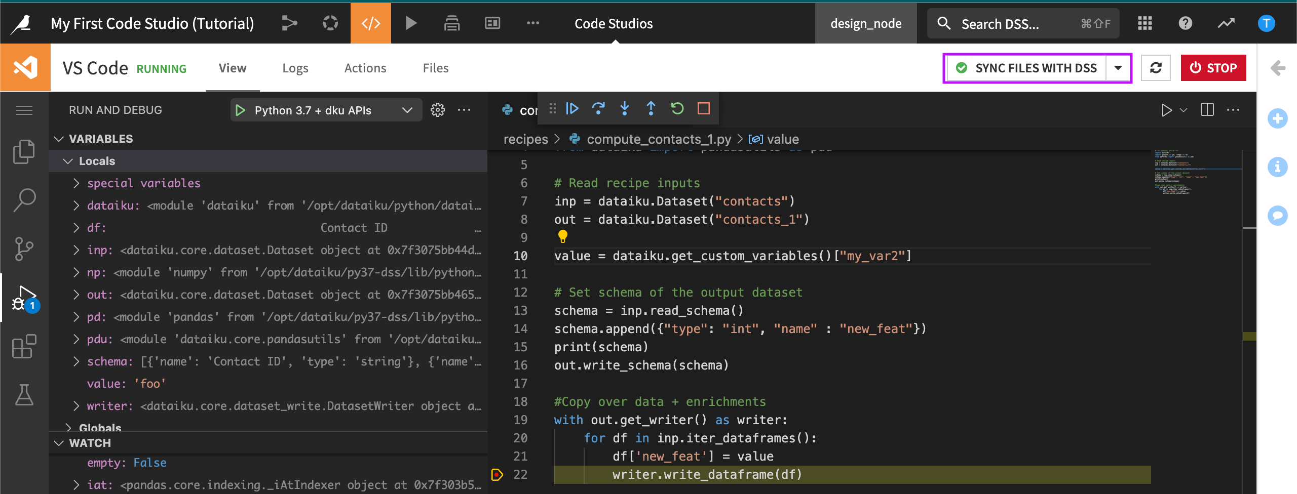 Python recipe debugged and synchronized back to Dataiku.