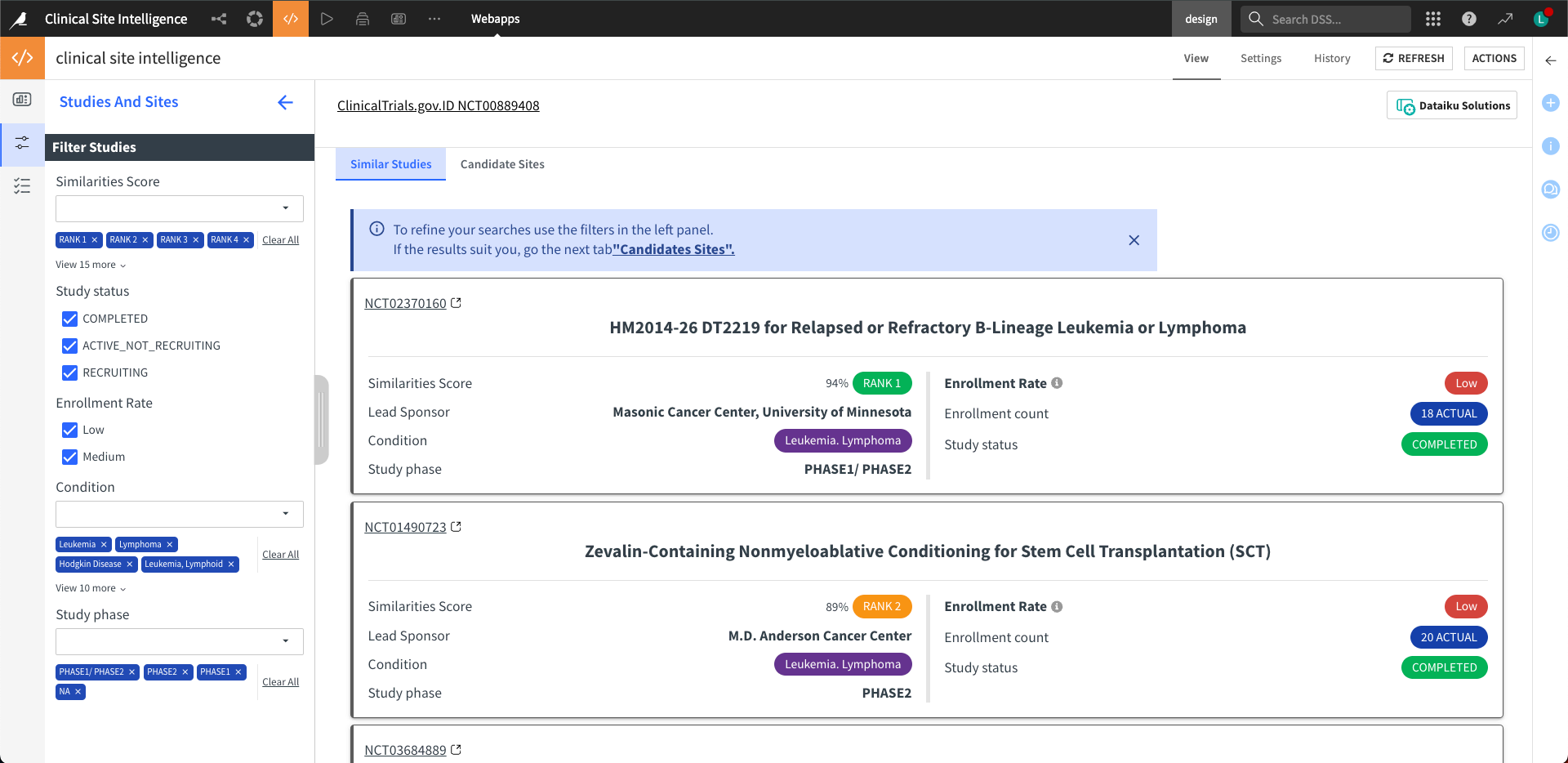 Dataiku screenshot of webapp studies and sites.