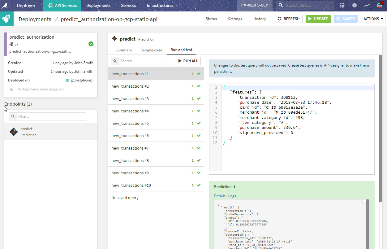 Dataiku Flow of the current project - API testing.
