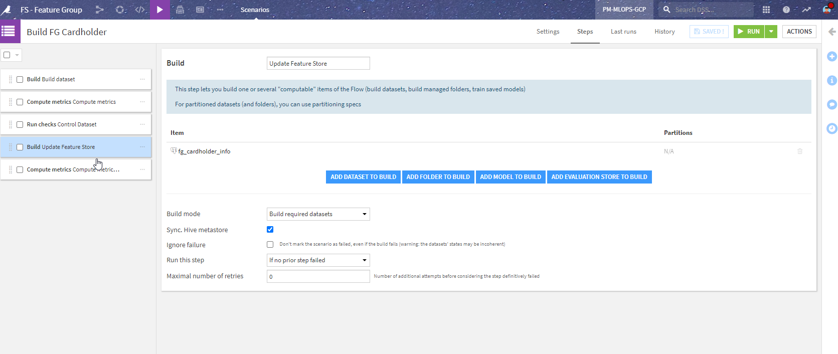 Scenario steps to build the feature group pipeline.