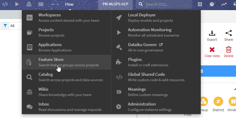 Menu entry to access the Feature Store of Dataiku.