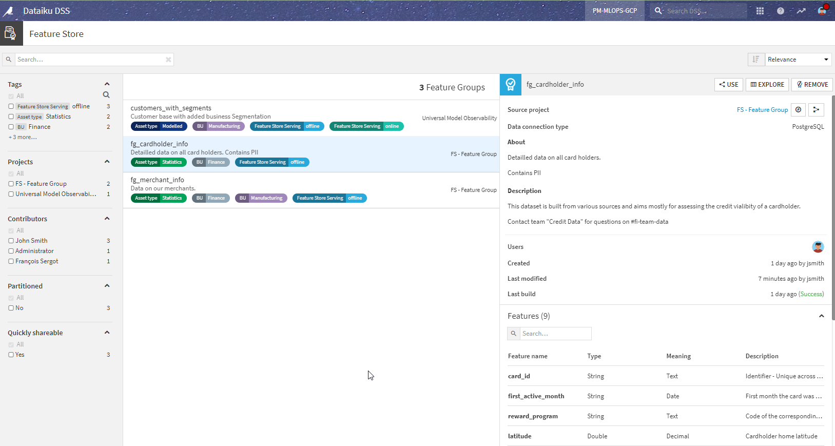 Main view of the Feature Store with all Feature groups of the instance.
