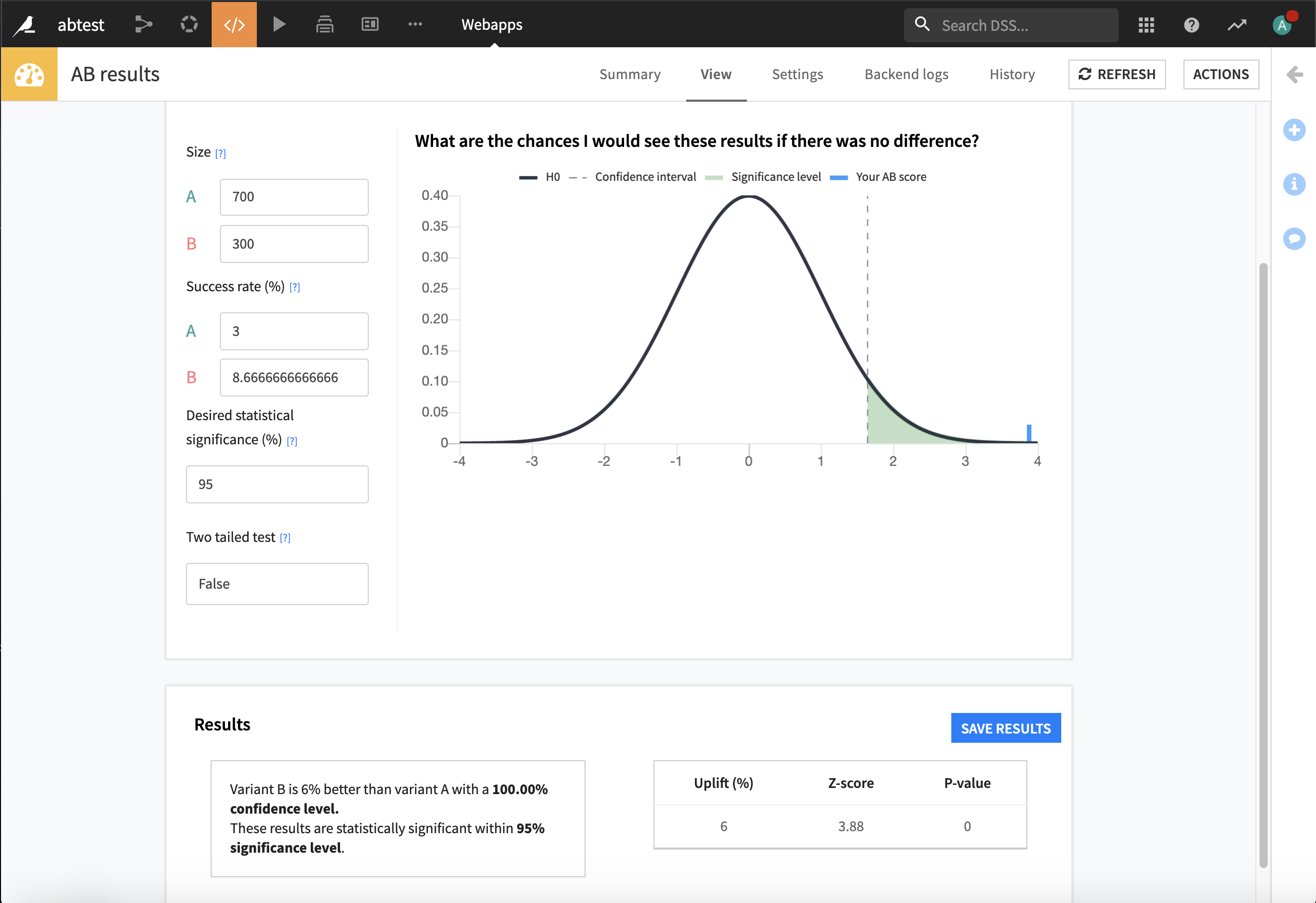 AB results webapp Settings tab.