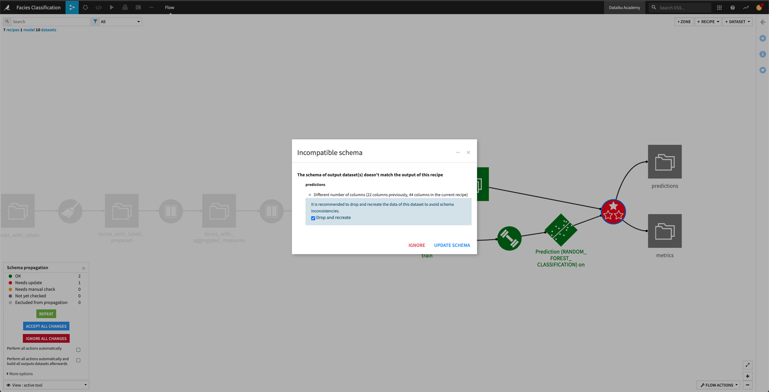 Accept schema update on the Evaluate recipe.