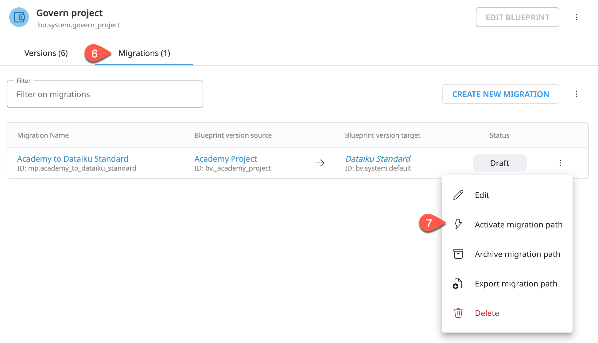 A Dataiku screenshot highlighting the steps to activate the migration.