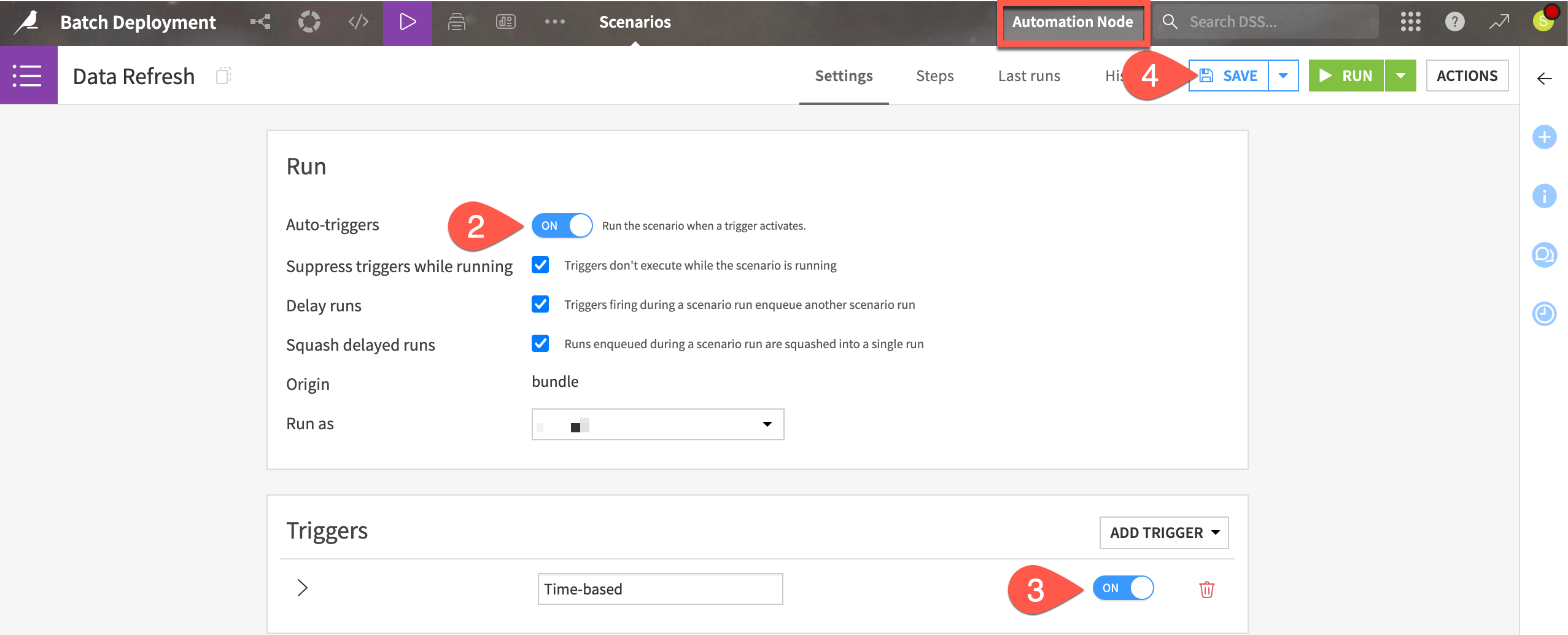 Dataiku screenshot of activated triggers for a scenario on the Automation node.