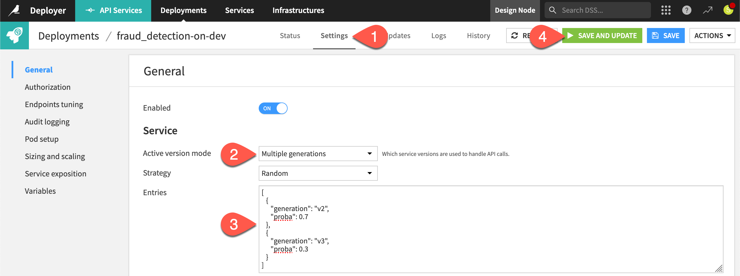Dataiku screenshot of the active version mode of an API deployment.