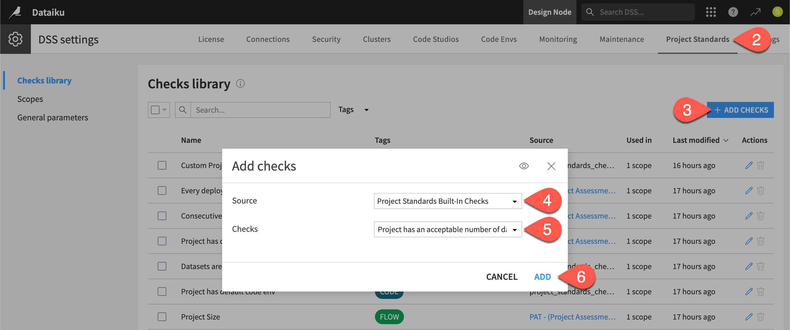 Dataiku screenshot of the dialog to add a Project Standard check.