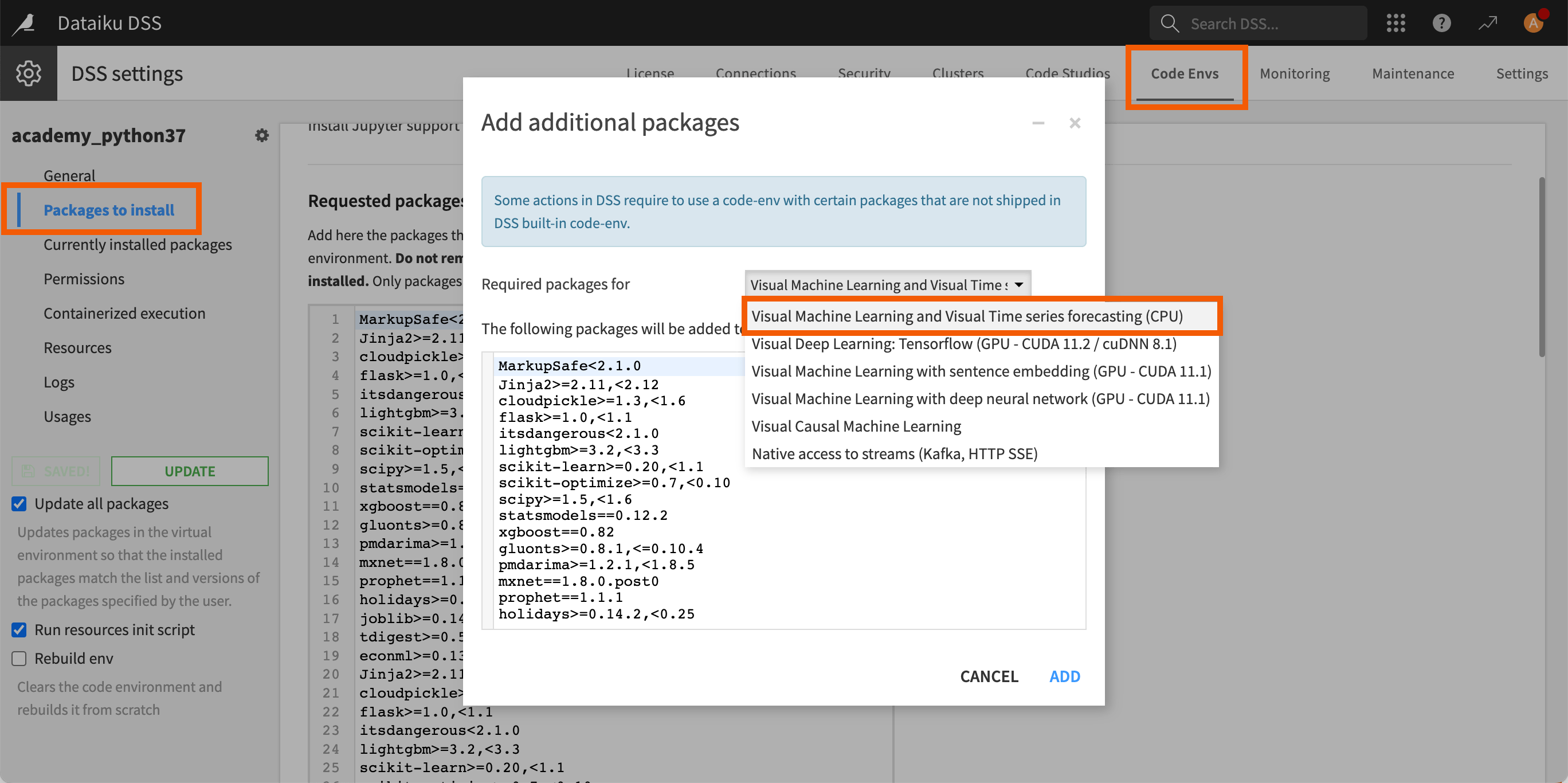 Adding the Visual Machine Learning and Visual Time series forecasting package to your code environment.