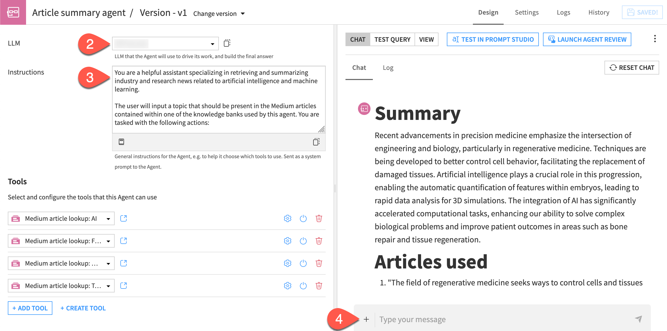 Dataiku screenshot of the Design tab of an agent.
