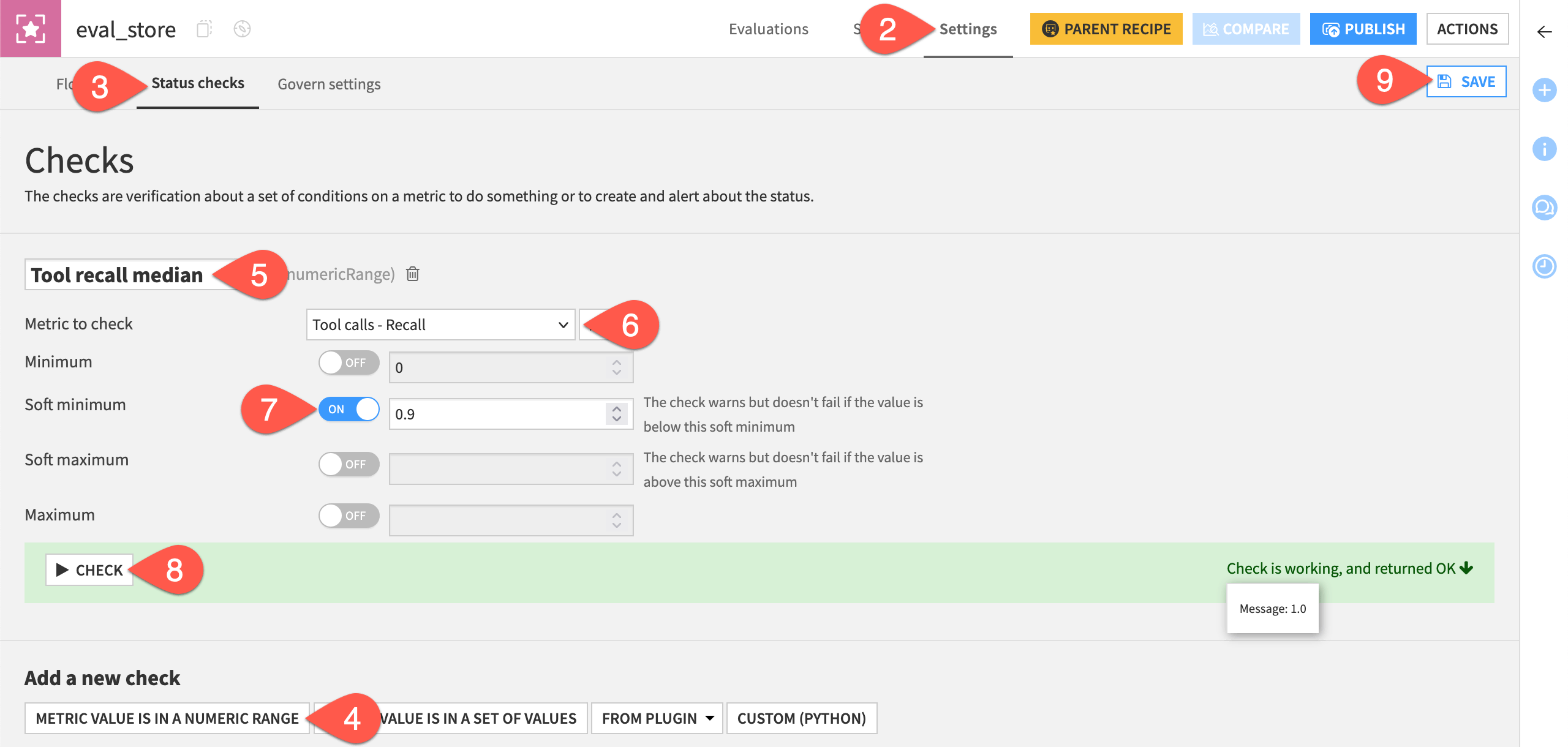 Dataiku screenshot of a check on a GenAI evaluation store.